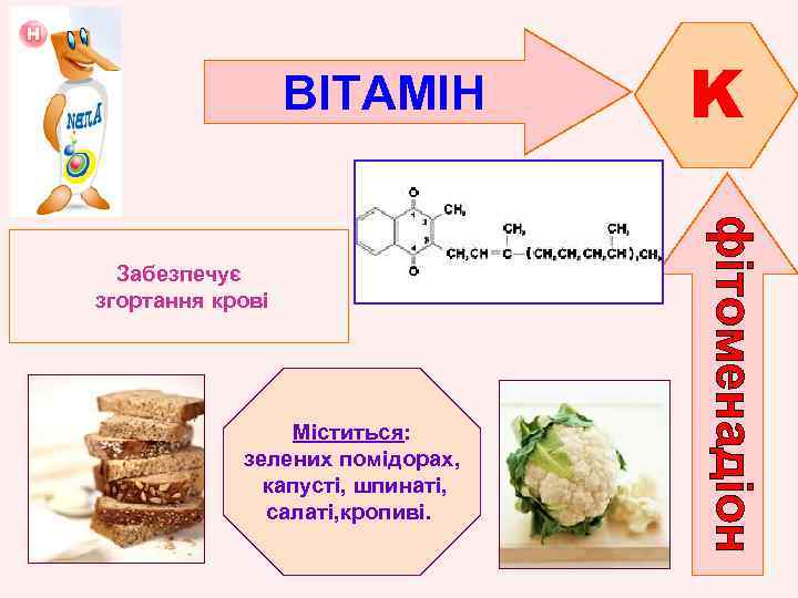 ВІТАМІН Забезпечує згортання крові Міститься: зелених помідорах, капусті, шпинаті, салаті, кропиві. K 