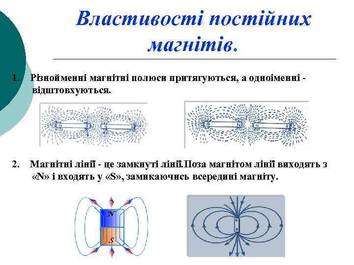 Властивості постійних магнітів. 1. Різнойменні магнітні полюси притягуються, а одноіменні відштовхуються. 2. Магнітні лінії