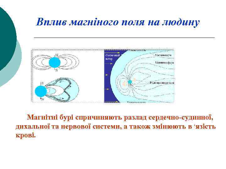 Вплив магніного поля на людину Магнітні бурі спричиняють разлад сердечно-судинної, дихальної та нервової системи,