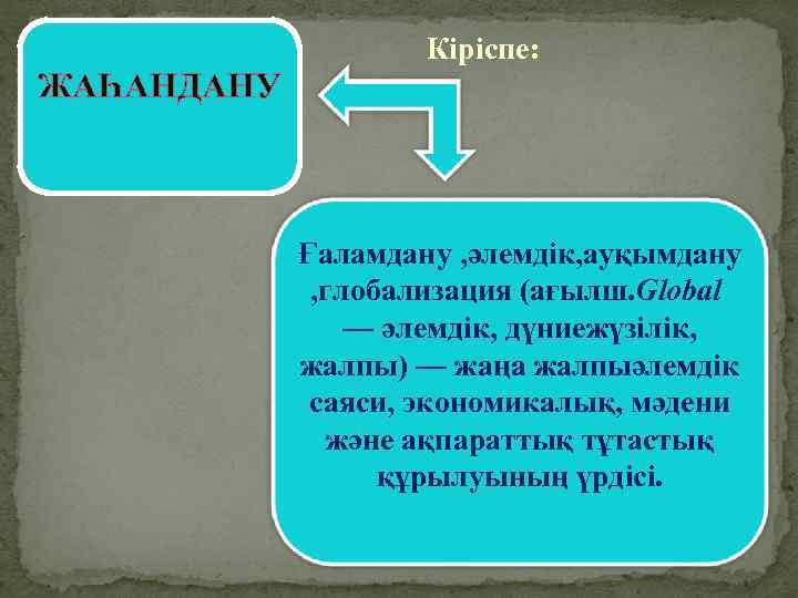 Кіріспе: ЖАҺАНДАНУ Ғаламдану , әлемдік, ауқымдану , глобализация (ағылш. Global — әлемдік, дүниежүзілік, жалпы)