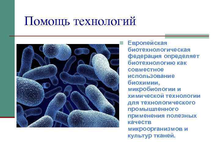 Помощь технологий n Европейская биотехнологическая федерация определяет биотехнологию как совместное использование биохимии, микробиологии и