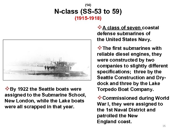 (14) N-class (SS-53 to 59) (1915 -1918) v. A class of seven coastal defense