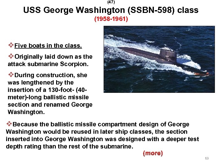(47) USS George Washington (SSBN-598) class (1958 -1961) v. Five boats in the class.