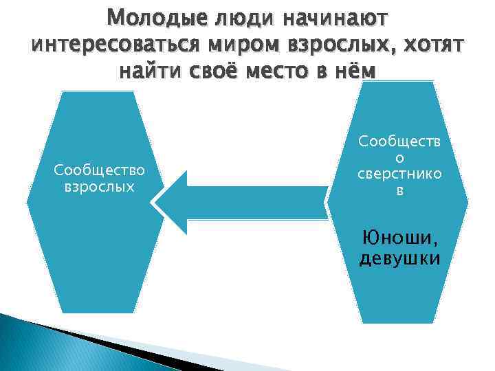 Молодые люди начинают интересоваться миром взрослых, хотят найти своё место в нём Сообщество взрослых