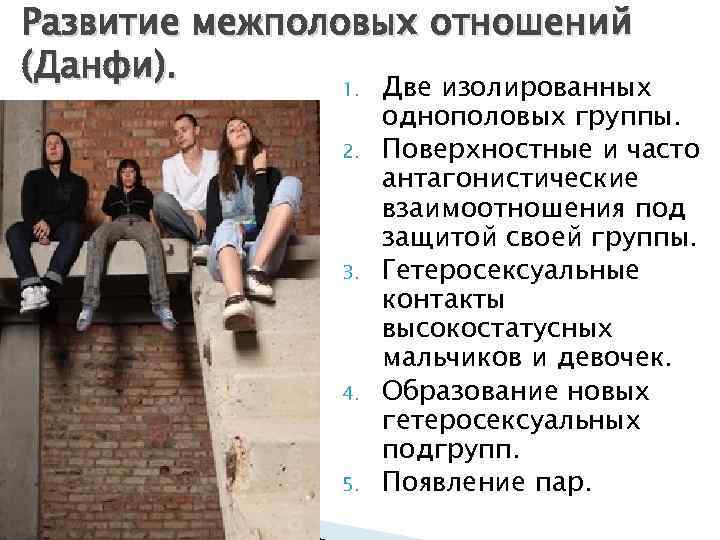 Развитие межполовых отношений (Данфи). 1. Две изолированных 2. 3. 4. 5. однополовых группы. Поверхностные