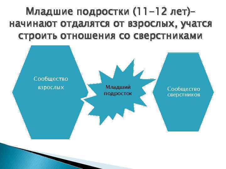 Младшие подростки (11 -12 лет)– начинают отдалятся от взрослых, учатся строить отношения со сверстниками