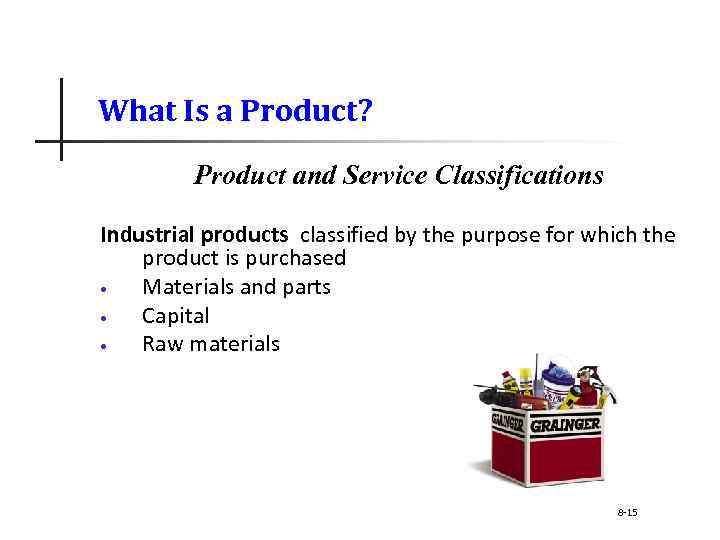 What Is a Product? Product and Service Classifications Industrial products classified by the purpose