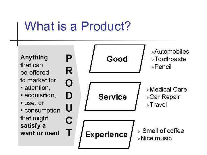 What is a Product? Anything that can be offered to market for • attention,