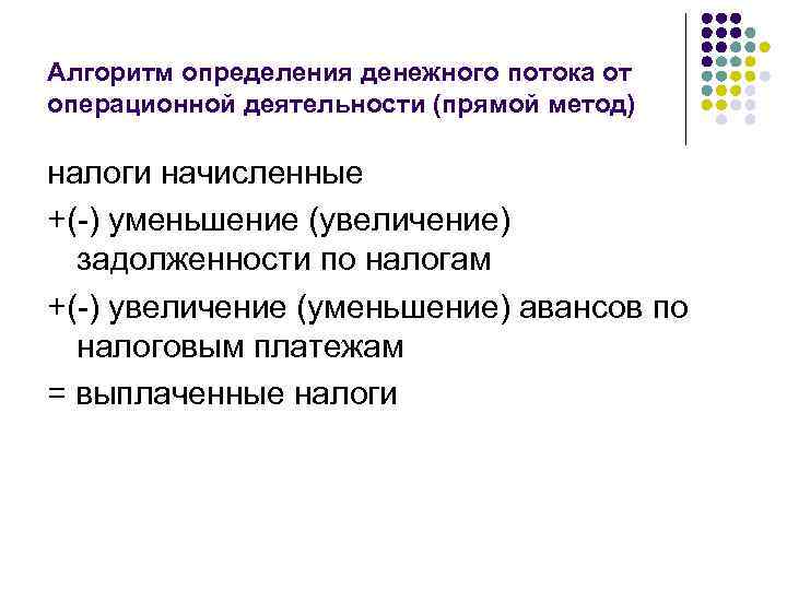 Алгоритм определения денежного потока от операционной деятельности (прямой метод) налоги начисленные +(-) уменьшение (увеличение)