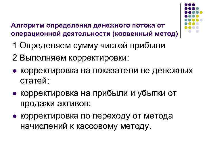 Алгоритм определения денежного потока от операционной деятельности (косвенный метод) 1 Определяем сумму чистой прибыли