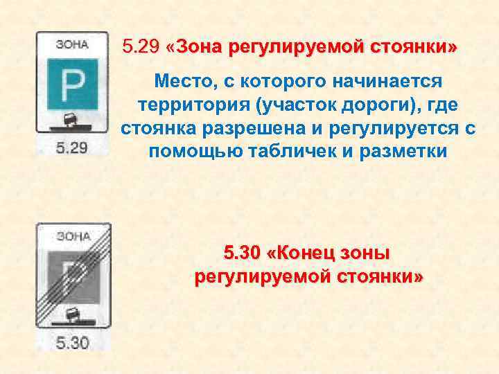 5. 29 «Зона регулируемой стоянки» Место, с которого начинается территория (участок дороги), где стоянка