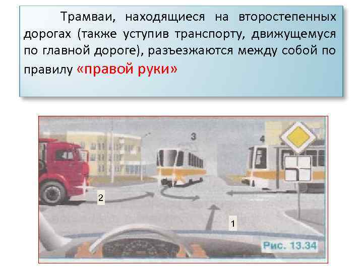 Трамваи, находящиеся на второстепенных дорогах (также уступив транспорту, движущемуся по главной дороге), разъезжаются между