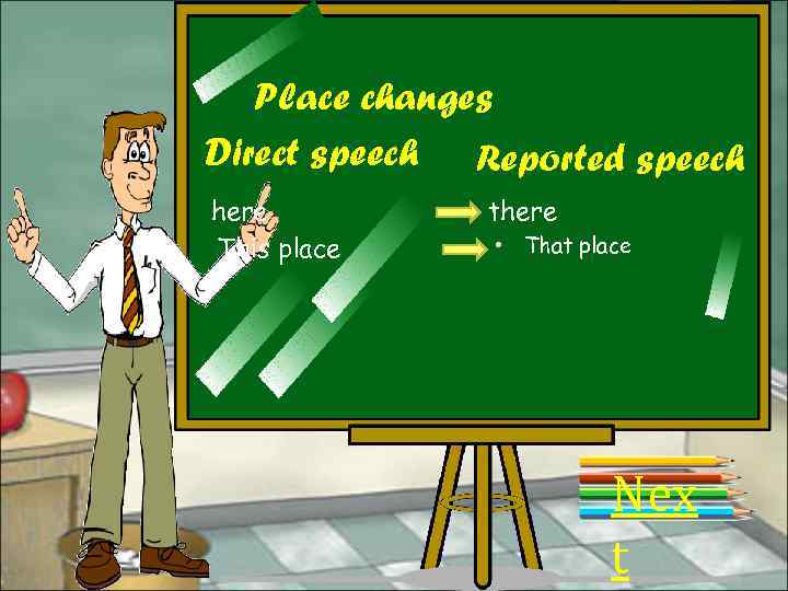 Place changes Direct speech Reported speech here This place there • That place Nex