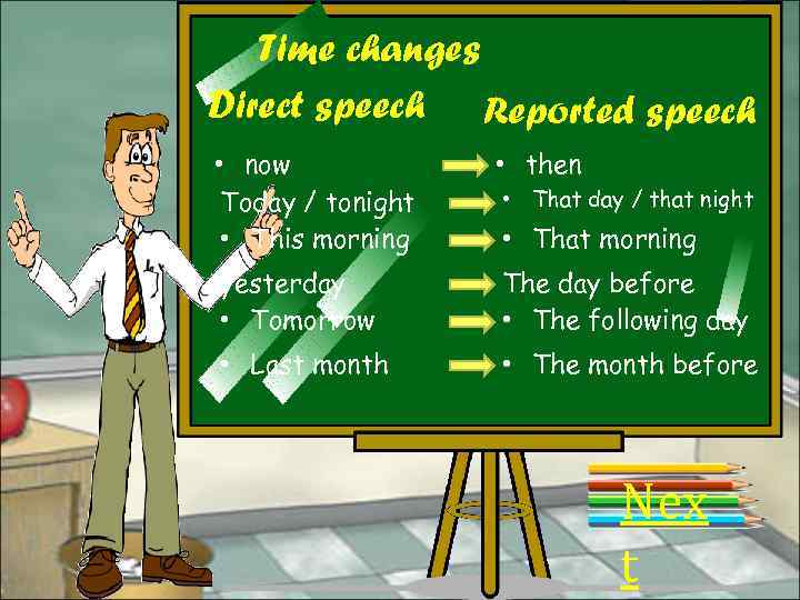 Time changes Direct speech Reported speech • now Today / tonight • This morning