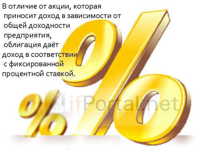 В отличие от акции, которая приносит доход в зависимости от общей доходности предприятия, облигация