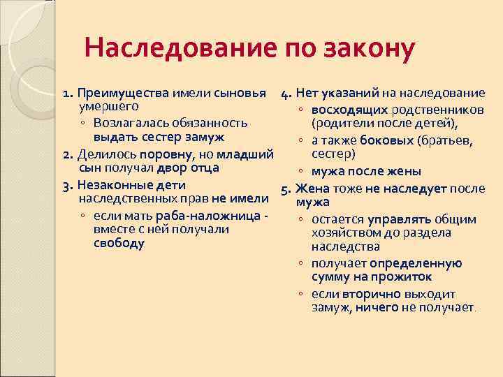 Наследование по закону 1. Преимущества имели сыновья 4. Нет указаний на наследование умершего ◦