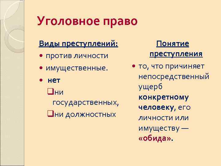 Уголовное право Виды преступлений: против личности имущественные. нет qни государственных, qни должностных Понятие преступления