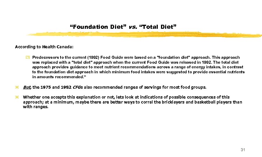 “Foundation Diet” vs. “Total Diet” According to Health Canada: y Predecessors to the current