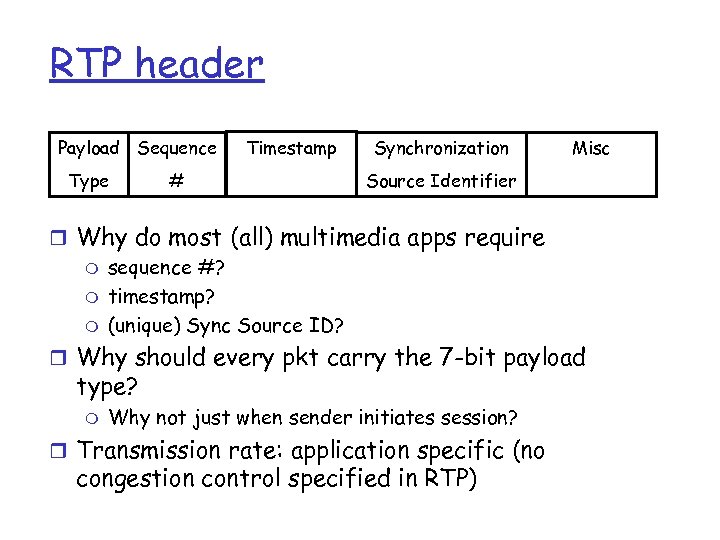 RTP header Payload Sequence Type # Timestamp Synchronization Misc Source Identifier r Why do