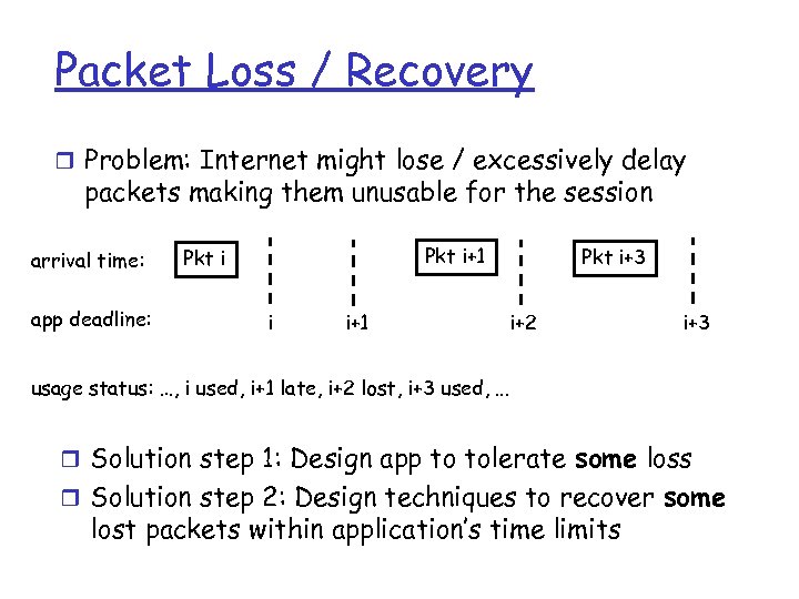 Packet Loss / Recovery r Problem: Internet might lose / excessively delay packets making