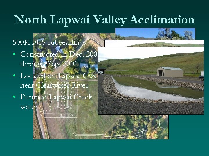 North Lapwai Valley Acclimation 500 K FCS subyearlings • Constructed in Dec. 2000 through