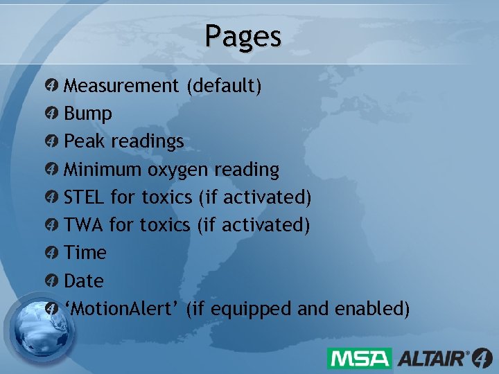 Pages Measurement (default) Bump Peak readings Minimum oxygen reading STEL for toxics (if activated)