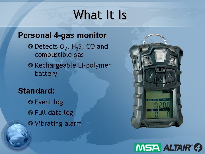 What It Is Personal 4 -gas monitor Detects O 2, H 2 S, CO