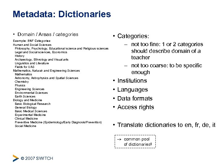Metadata: Dictionaries • Domain / Areas / categories Example: SNF Categories Human and Social