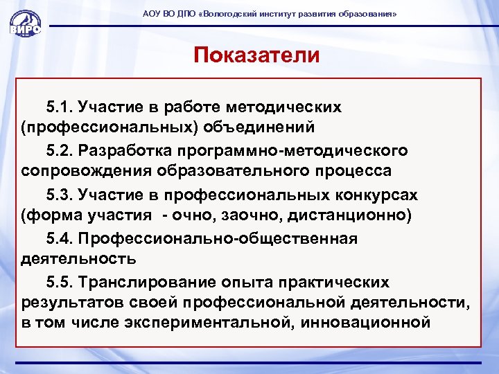 АОУ ВО ДПО «Вологодский институт развития образования» Показатели 5. 1. Участие в работе методических