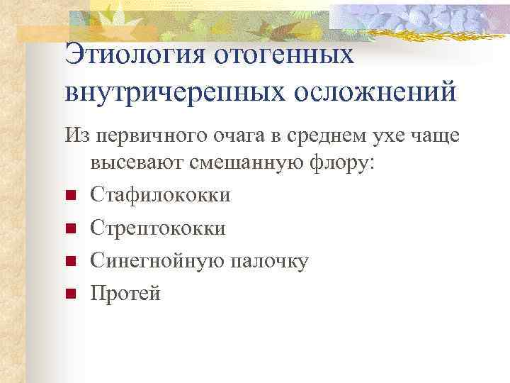 Этиология отогенных внутричерепных осложнений Из первичного очага в среднем ухе чаще высевают смешанную флору: