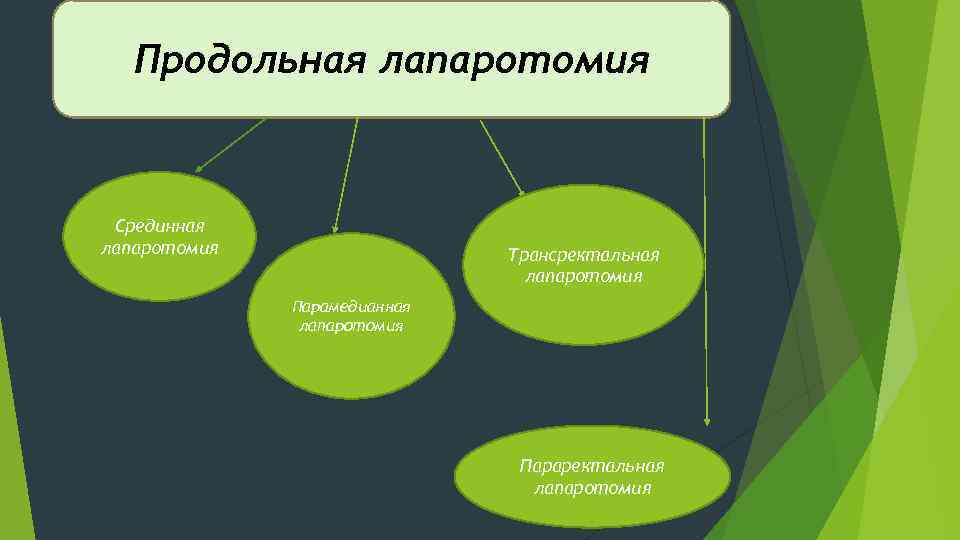 Продольная лапаротомия Срединная лапаротомия Трансректальная лапаротомия Парамедианная лапаротомия Параректальная лапаротомия 