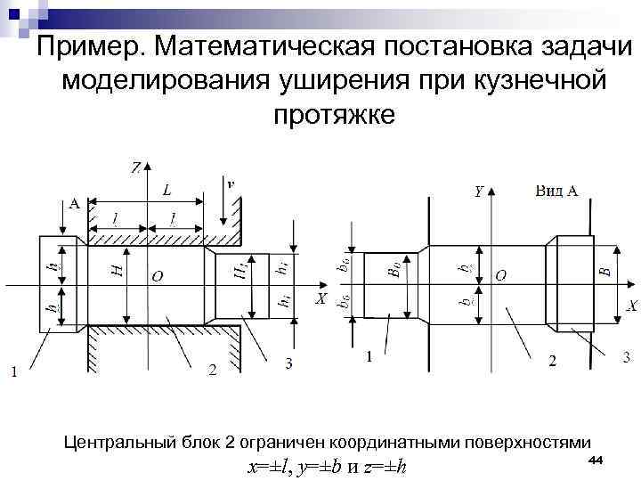 Пример. Математическая постановка задачи моделирования уширения при кузнечной протяжке Центральный блок 2 ограничен координатными