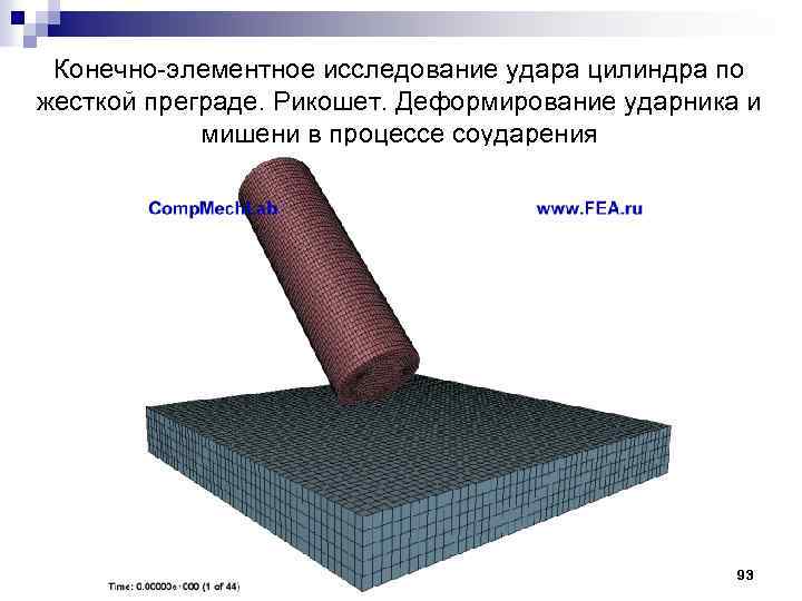 Конечно элементное исследование удара цилиндра по жесткой преграде. Рикошет. Деформирование ударника и мишени в