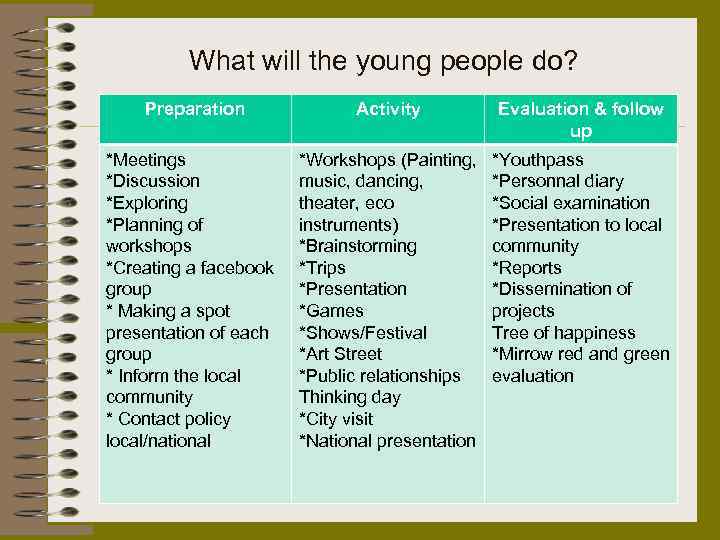 What will the young people do? Preparation Activity Evaluation & follow up *Meetings *Discussion