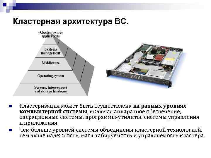 Кластерная архитектура ВС. n n Кластеризация может быть осуществлена на разных уровнях компьютерной системы,