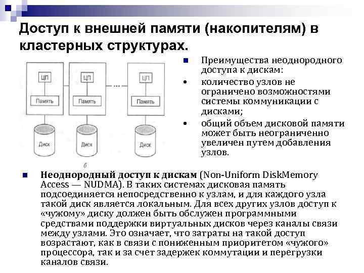 Доступ к внешней памяти (накопителям) в кластерных структурах. n • • n Преимущества неоднородного