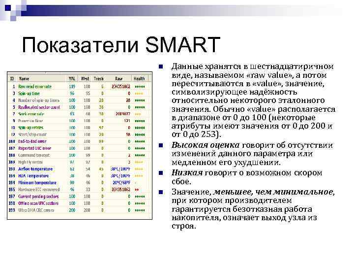 Показатели SMART n n Данные хранятся в шестнадцатиричном виде, называемом «raw value» , а