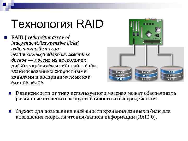 Технология RAID n RAID ( redundant array of independent/inexpensive disks) избыточный массив независимых/недорогих жёстких
