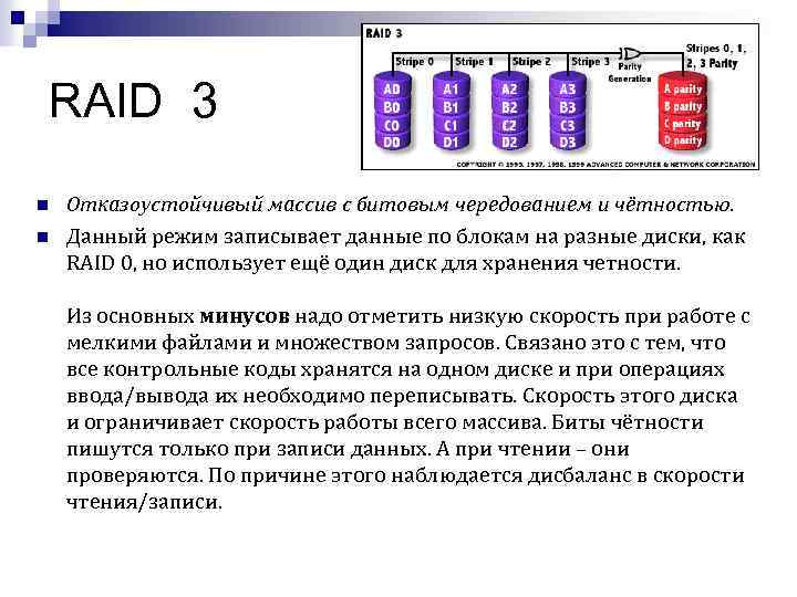 RAID 3 n n Отказоустойчивый массив с битовым чередованием и чётностью. Данный режим записывает