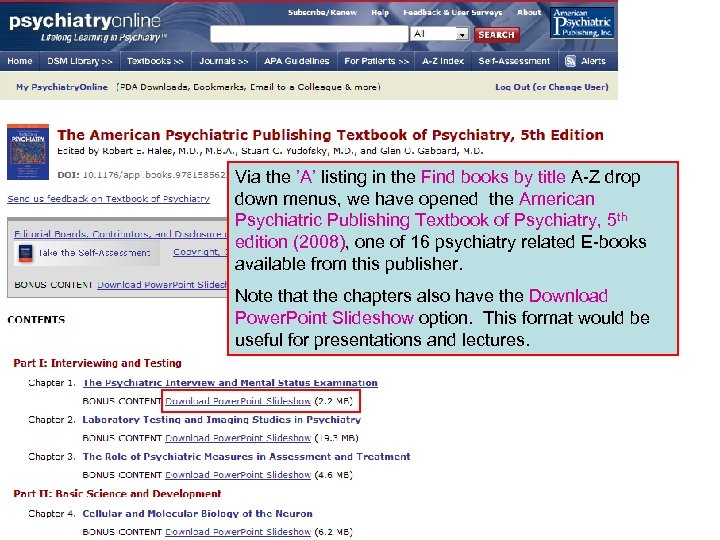 Via the ’A’ listing in the Find books by title A-Z drop down menus,