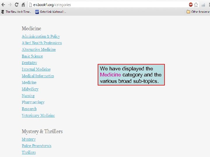 We have displayed the Medicine category and the various broad sub-topics. 