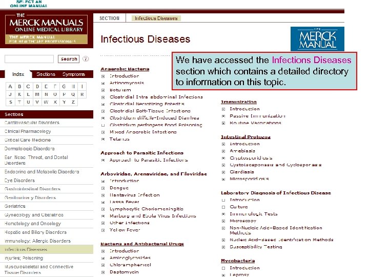 We have accessed the Infections Diseases section which contains a detailed directory to information