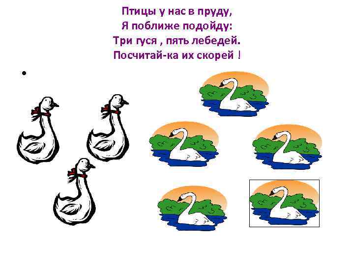 Птицы у нас в пруду, Я поближе подойду: Три гуся , пять лебедей. Посчитай-ка