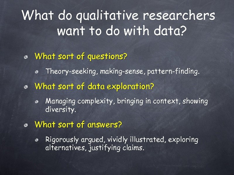 What do qualitative researchers want to do with data? What sort of questions? Theory-seeking,