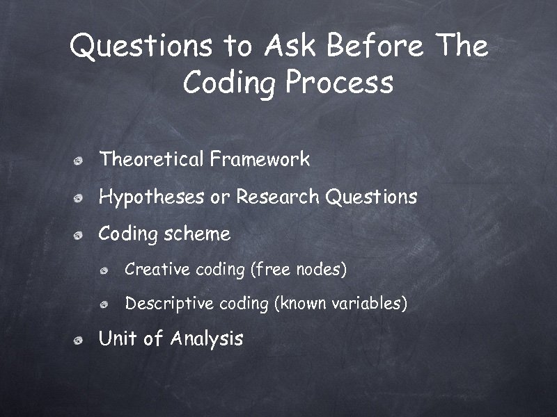 Questions to Ask Before The Coding Process Theoretical Framework Hypotheses or Research Questions Coding