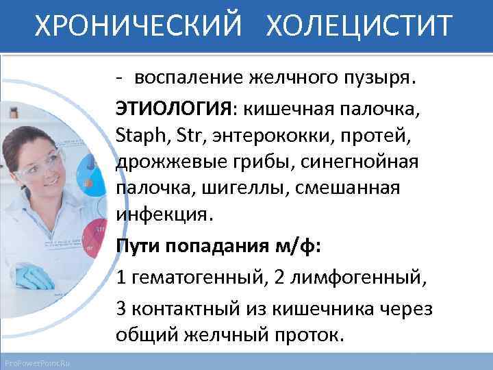 ХРОНИЧЕСКИЙ ХОЛЕЦИСТИТ - воспаление желчного пузыря. ЭТИОЛОГИЯ: кишечная палочка, Staph, Str, энтерококки, протей, дрожжевые