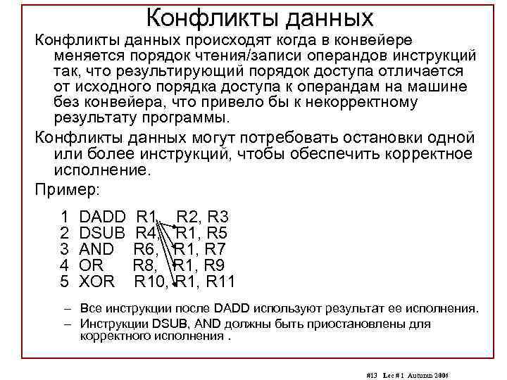 Конфликты данных происходят когда в конвейере меняется порядок чтения/записи операндов инструкций так, что результирующий