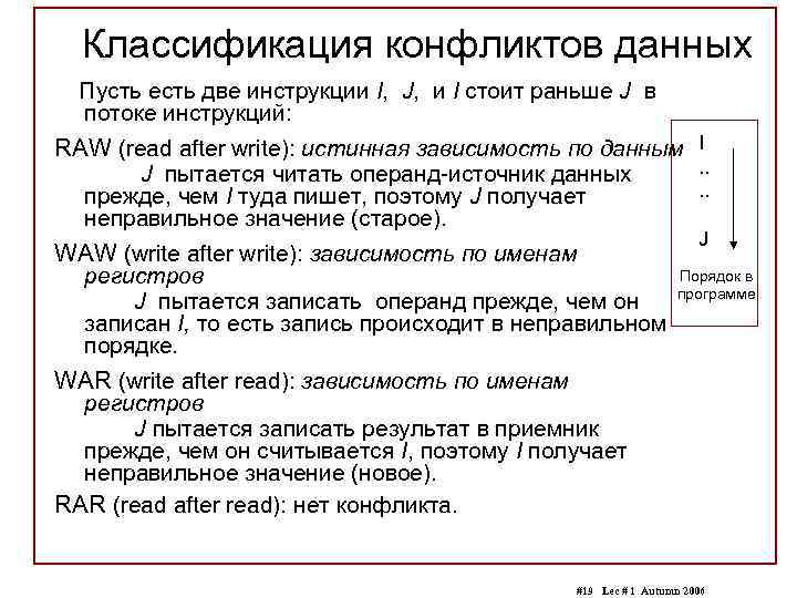 Классификация конфликтов данных Пусть есть две инструкции I, J, и I стоит раньше J