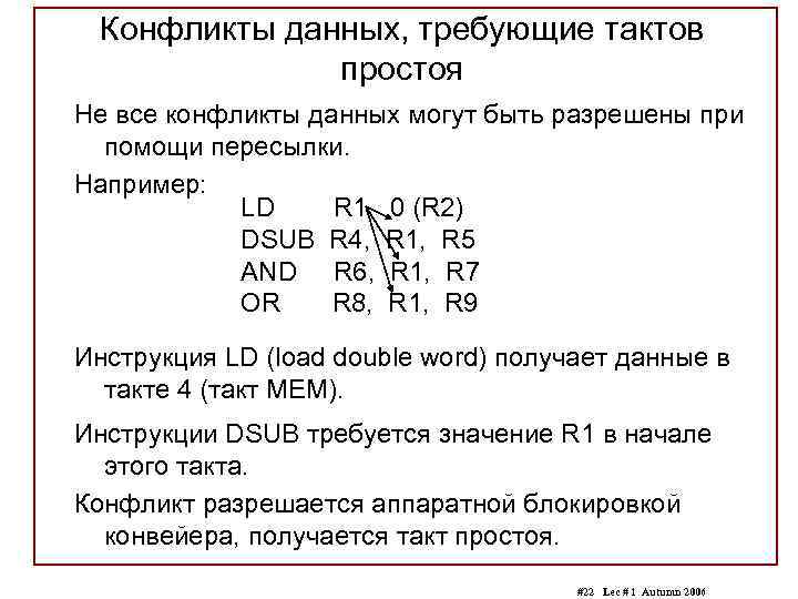 Конфликты данных, требующие тактов простоя Не все конфликты данных могут быть разрешены при помощи