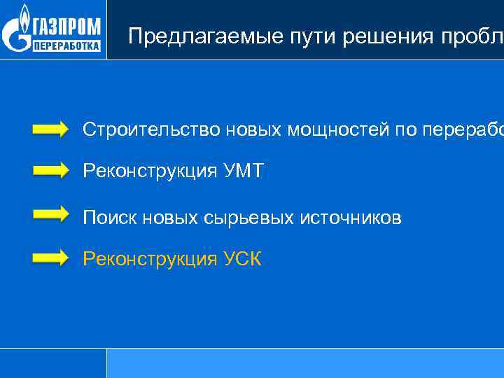 Предлагаемые пути решения пробле Строительство новых мощностей по перерабо Реконструкция УМТ Поиск новых сырьевых